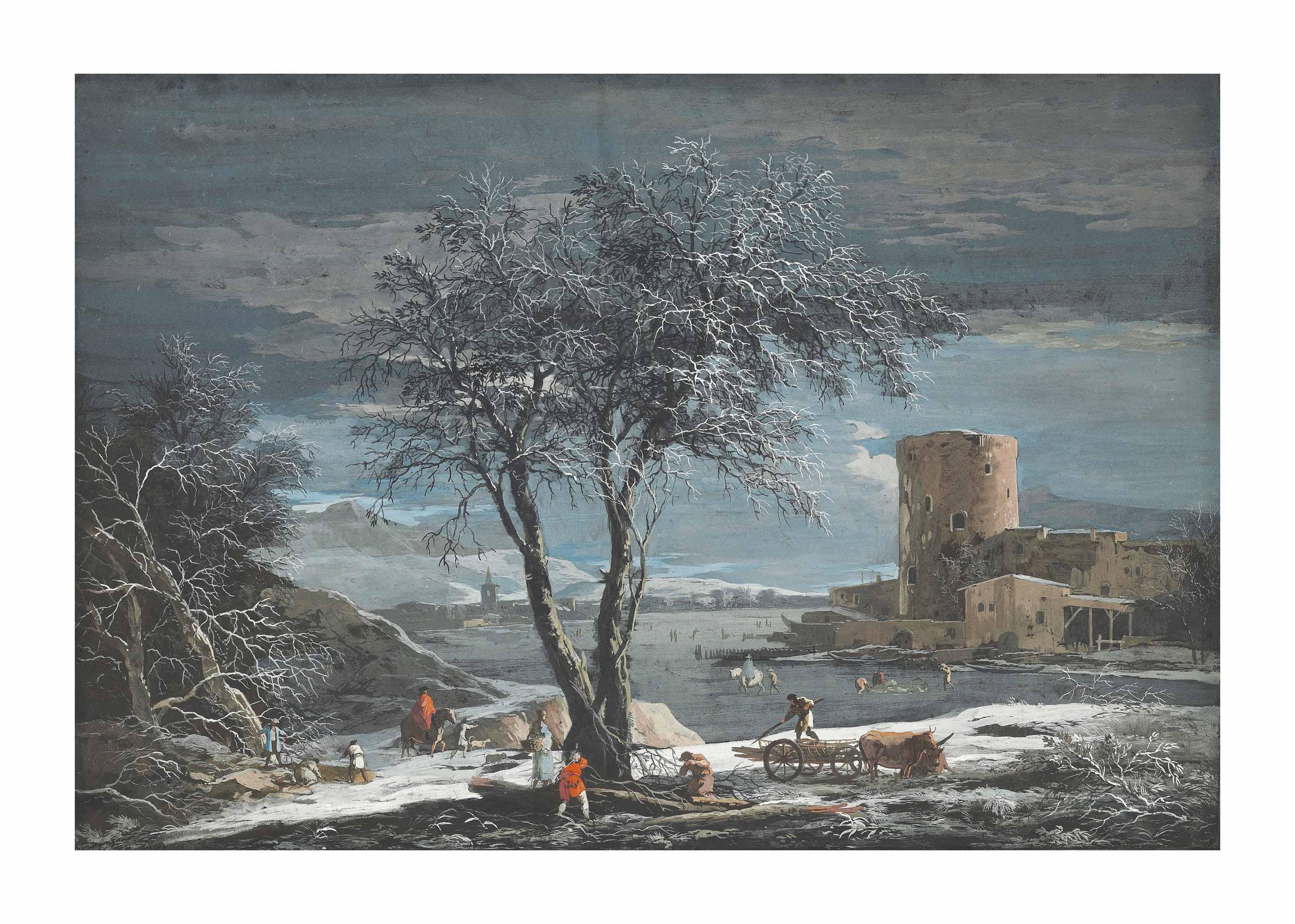 Marco Ricci - A winter landscape with peasants gathering wood and figures on ice near a round tour