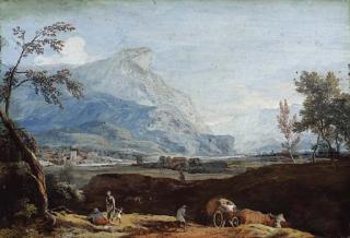 Marco Ricci - An extensive mountain landscape with peasants and a waggon