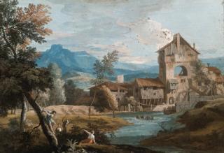 Marco Ricci - An extensive mountainous landscape with a mill by a stream