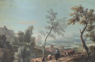 Marco Ricci - An Extensive River Landscape With A Drover And A Traveller In The Foreground