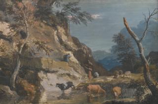 Marco Ricci - An Upland Landscape With Cattle At A Pool, Sheep And Three Peasants Below A Cliff