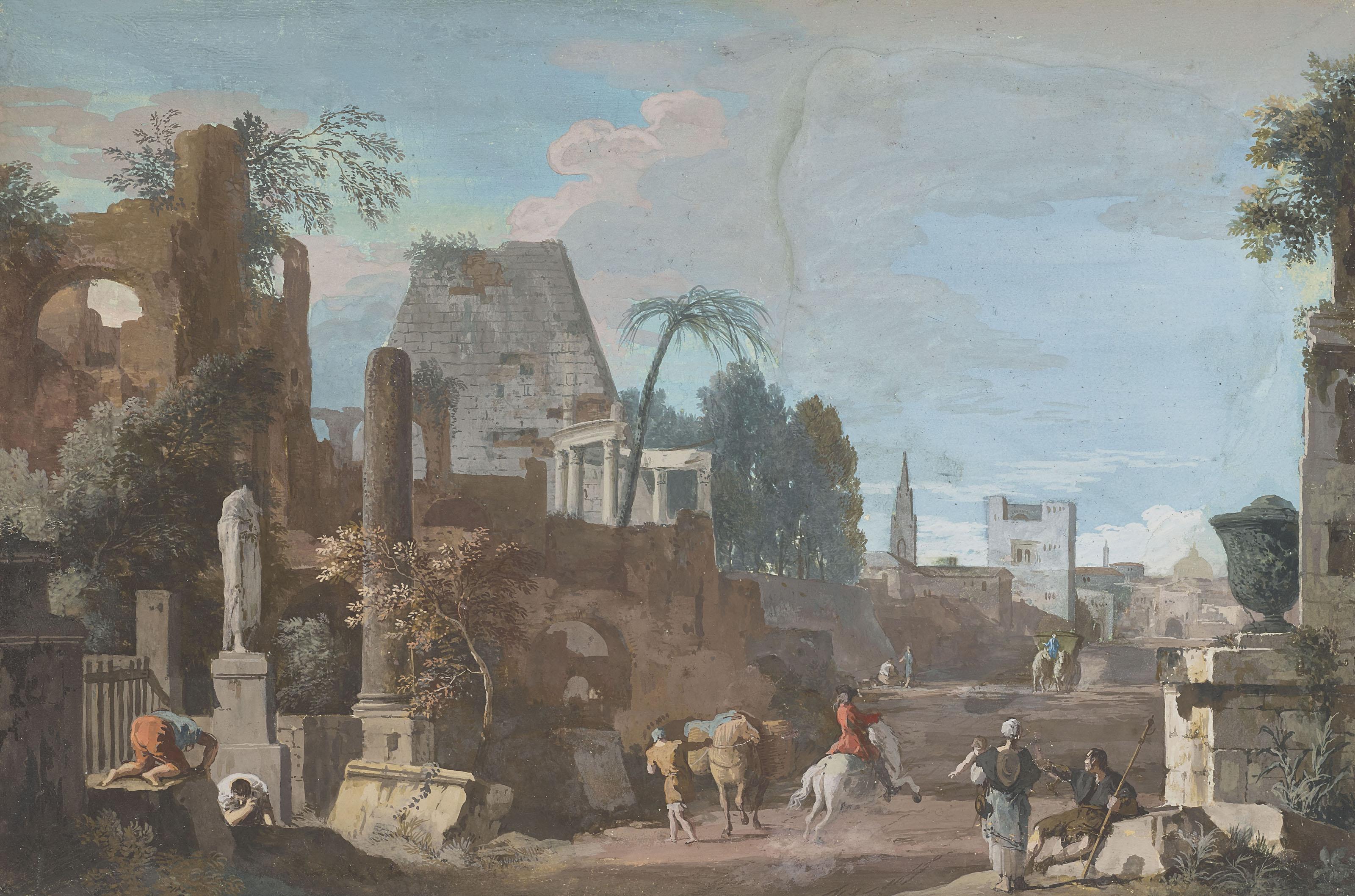 Marco Ricci - Caprice architectural avec pyramide en ruines et palmier