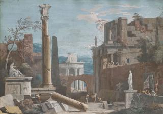 Marco Ricci - Caprice architectural avec temples et deux colonnes corinthiennes au premier plan dont l\'une cassée