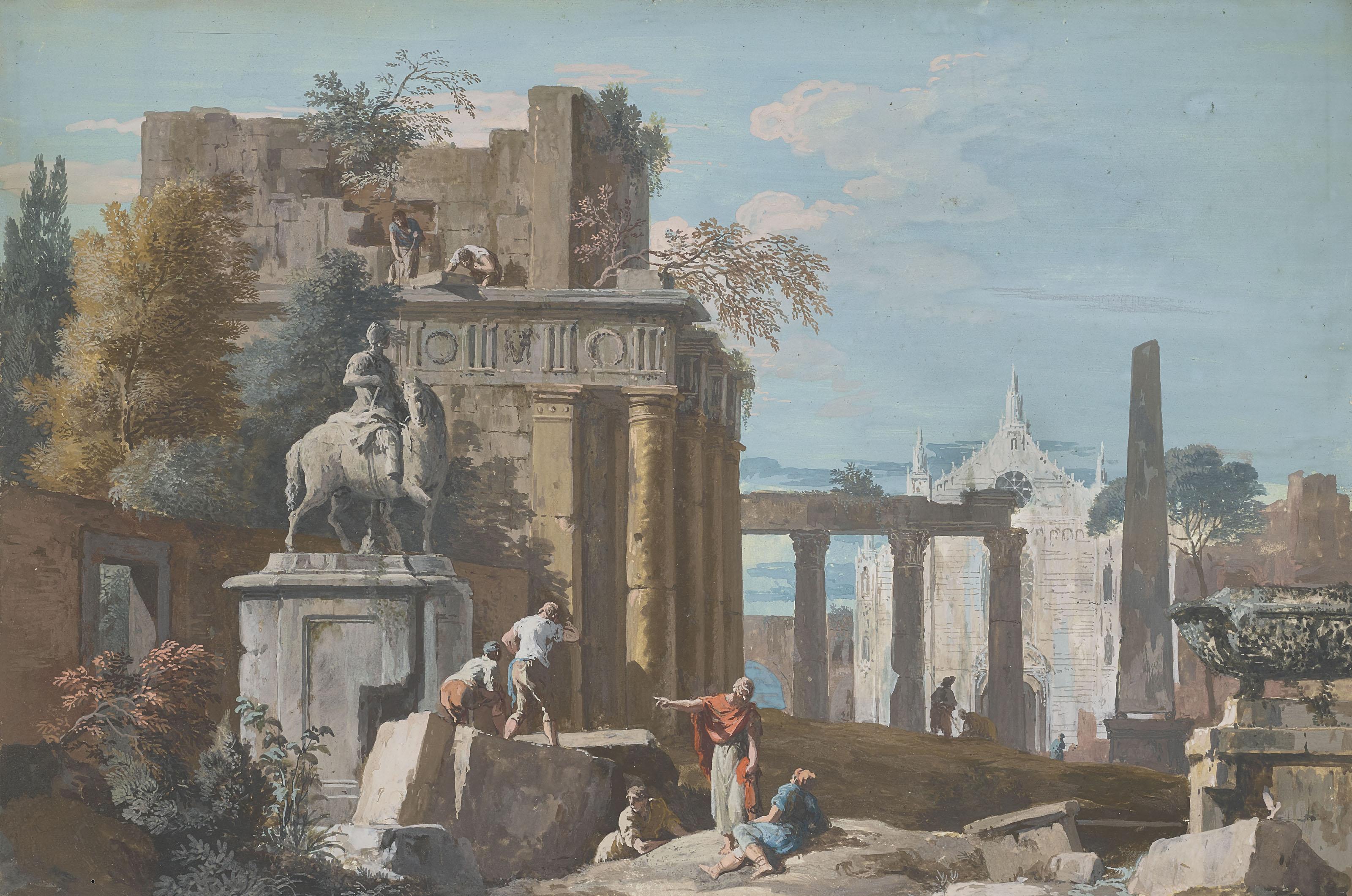 Marco Ricci - Caprice architectural avec une statue équestre sur la gauche et la façade d\'une église à l\'arrière-plan