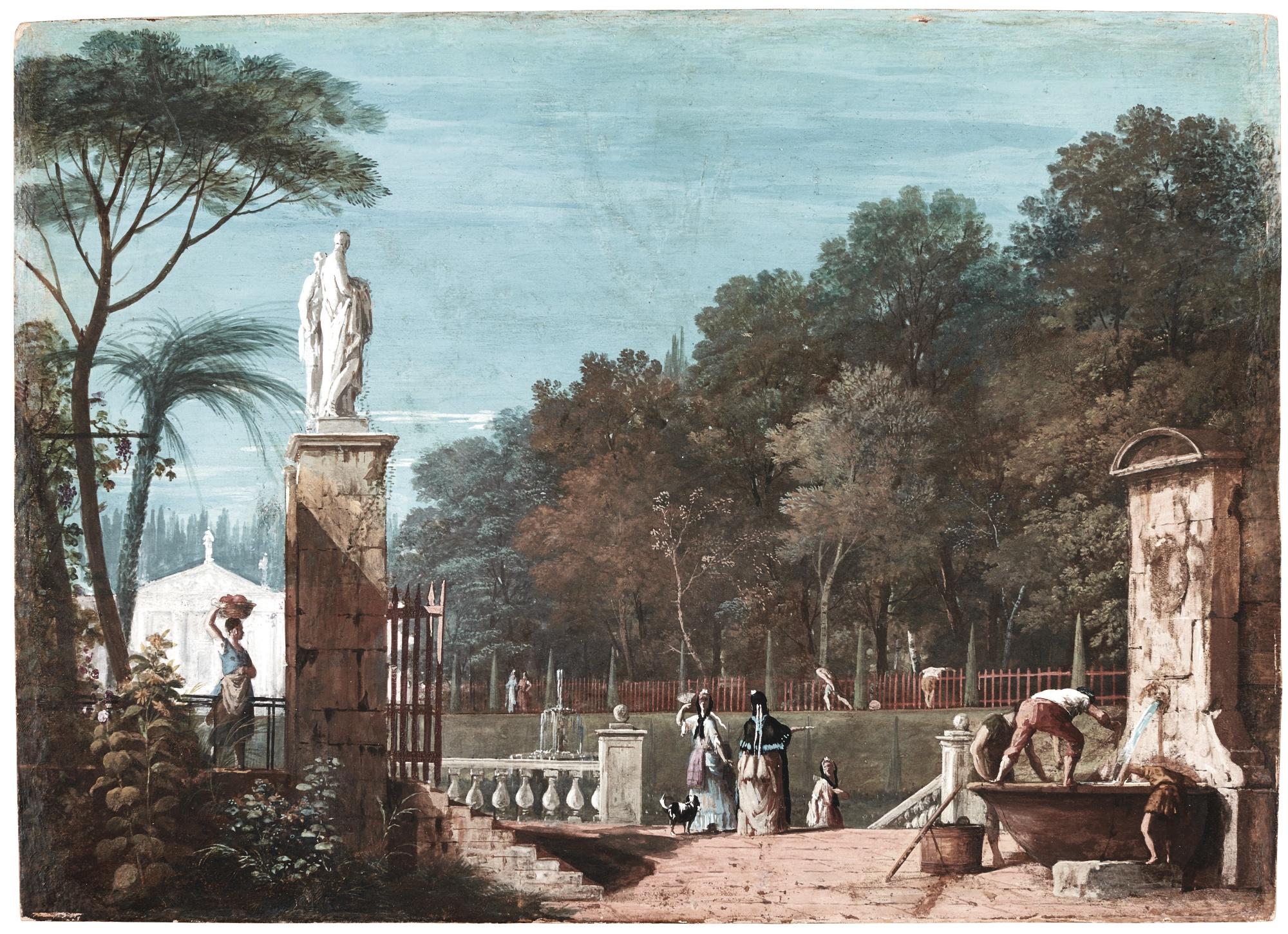 Marco Ricci - Elegant Company In A Park: A Fountain To The Right Foreground And A Palladian Building In The Background