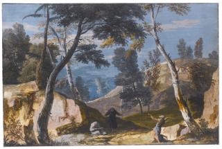 Marco Ricci - Montainous Landscape With Two Monks And An Hermit Praying