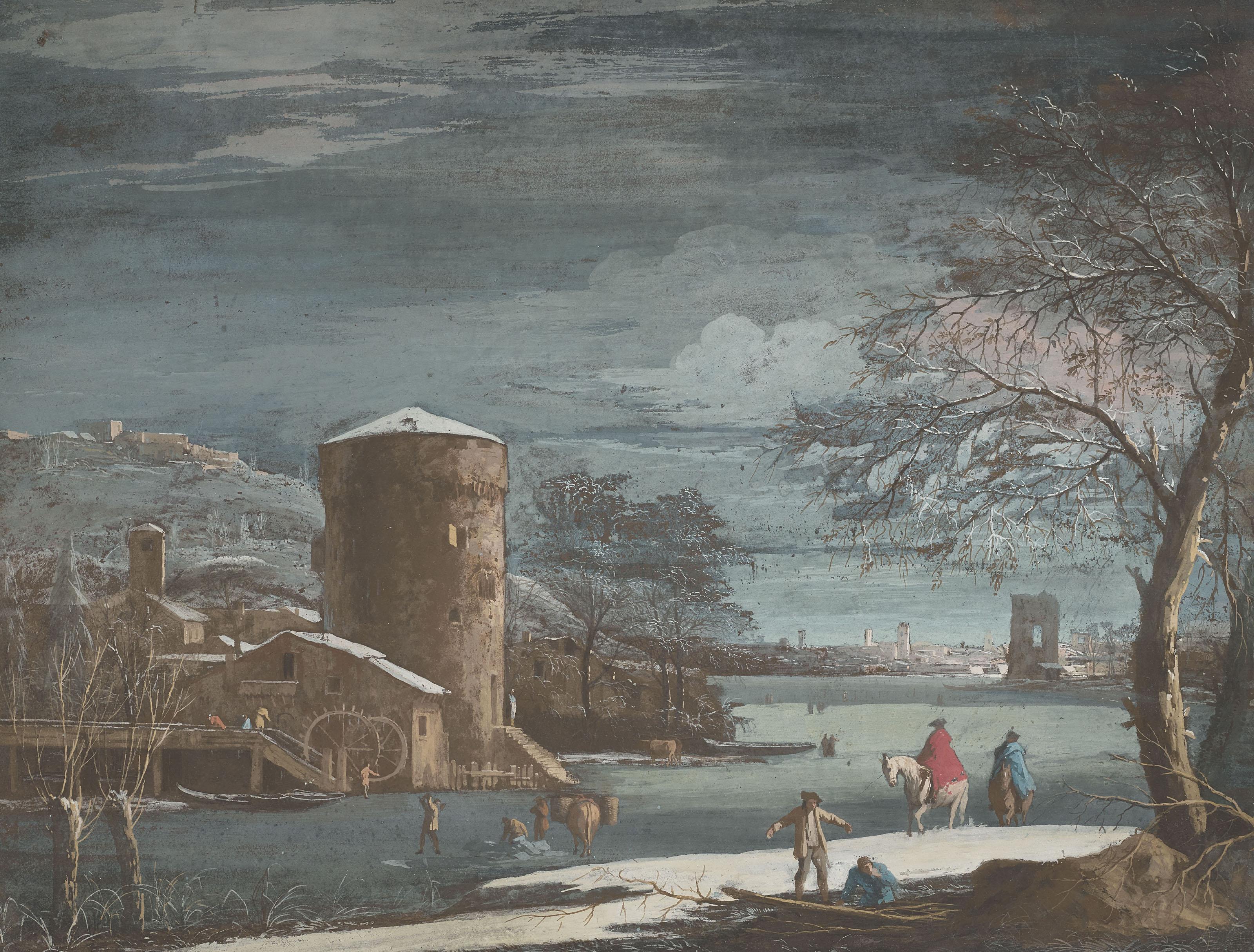 Marco Ricci - Paysage enneigé au bord de l\'eau, un moulin à eau sur la gauche, une ville à l\'arrière-plan