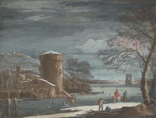 Marco Ricci - Paysage enneigé au bord de l\'eau, un moulin à eau sur la gauche, une ville à l\'arrière-plan