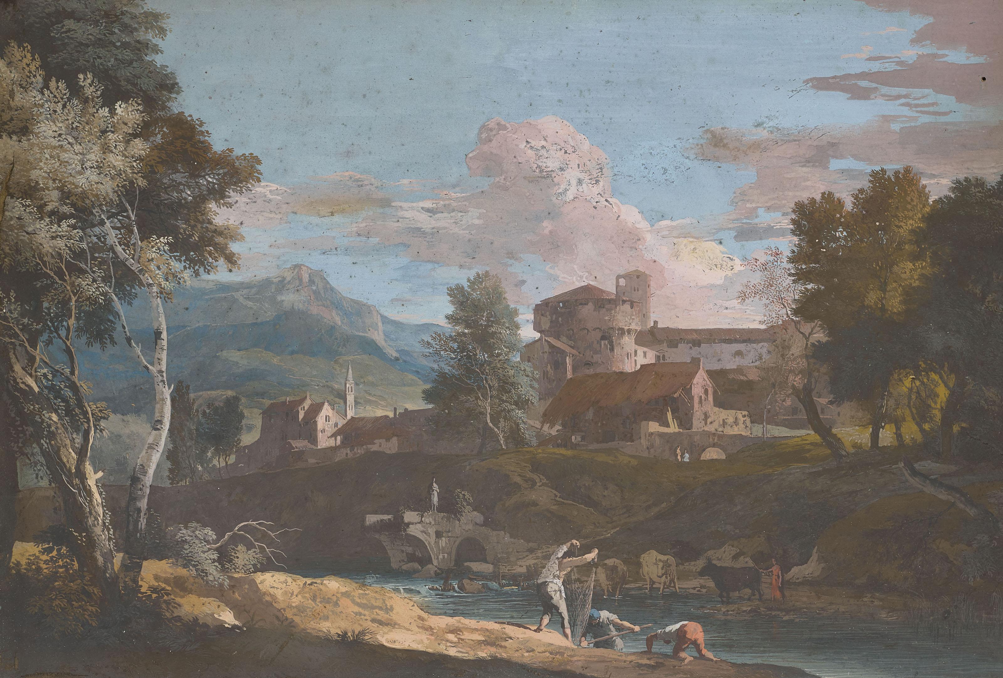 Marco Ricci - Pêcheurs au bord d\'une rivière, un village à l\'arrière-plan