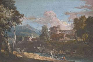 Marco Ricci - Pêcheurs au bord d\'une rivière, un village à l\'arrière-plan