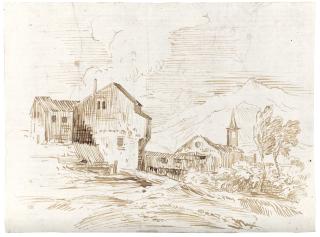 Marco Ricci - Recto: A Mountainous Landscape With Rural Buildings And A Church Verso: A Caricature, Possibly Of Sebastiano Ricci