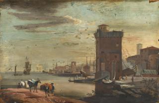 Marco Ricci - Reisende an einem Mittelmeerhafen Südländische Stadtansicht an einem Fluss