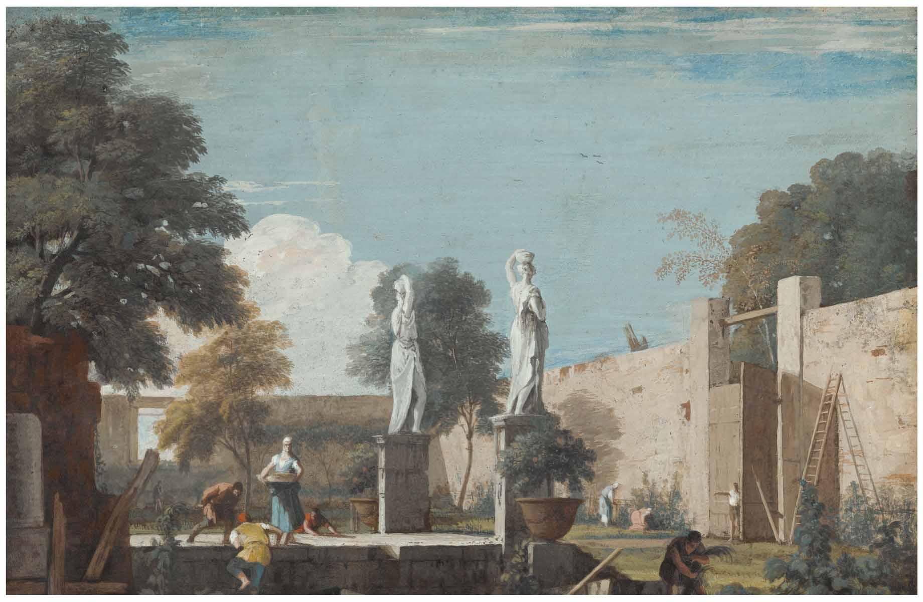 Marco Ricci - The Walled Courtyard Of A Villa With Statues And Figures
