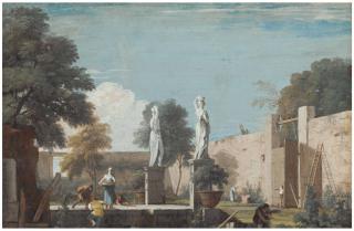 Marco Ricci - The Walled Courtyard Of A Villa With Statues And Figures