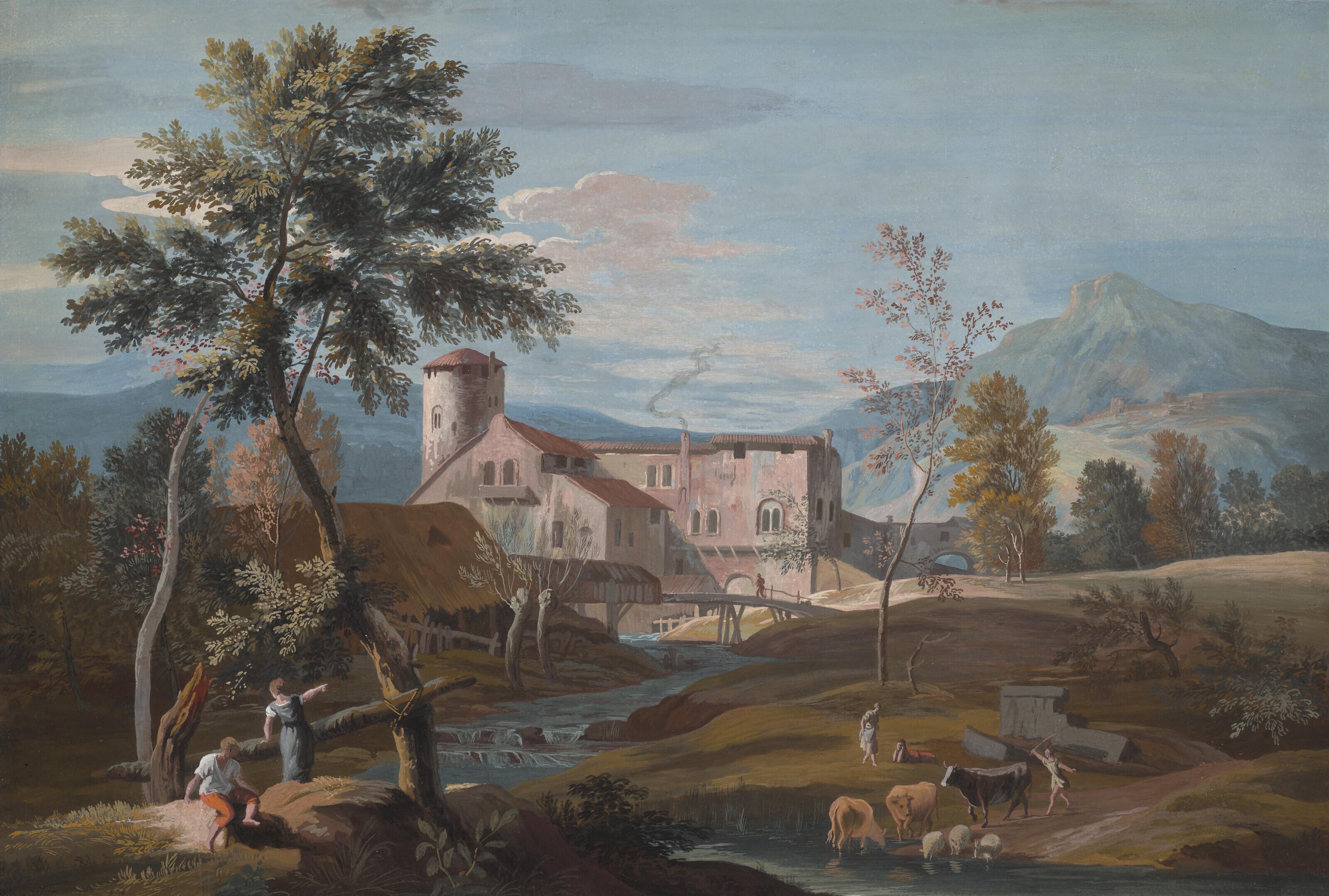 Marco Ricci - Two Capricci Landscapes: A Man And A Woman By A Stream With A Farmhouse In The Background (I); Farmers And Cattle By A River (Ii)