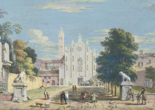 Marco Ricci - View of a gothic church with figures in procession outside the door