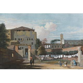 Marco Ricci - View Of An Italian Courtyard, With An Elegant Rider, And Women Hanging Washing By A Fountain
