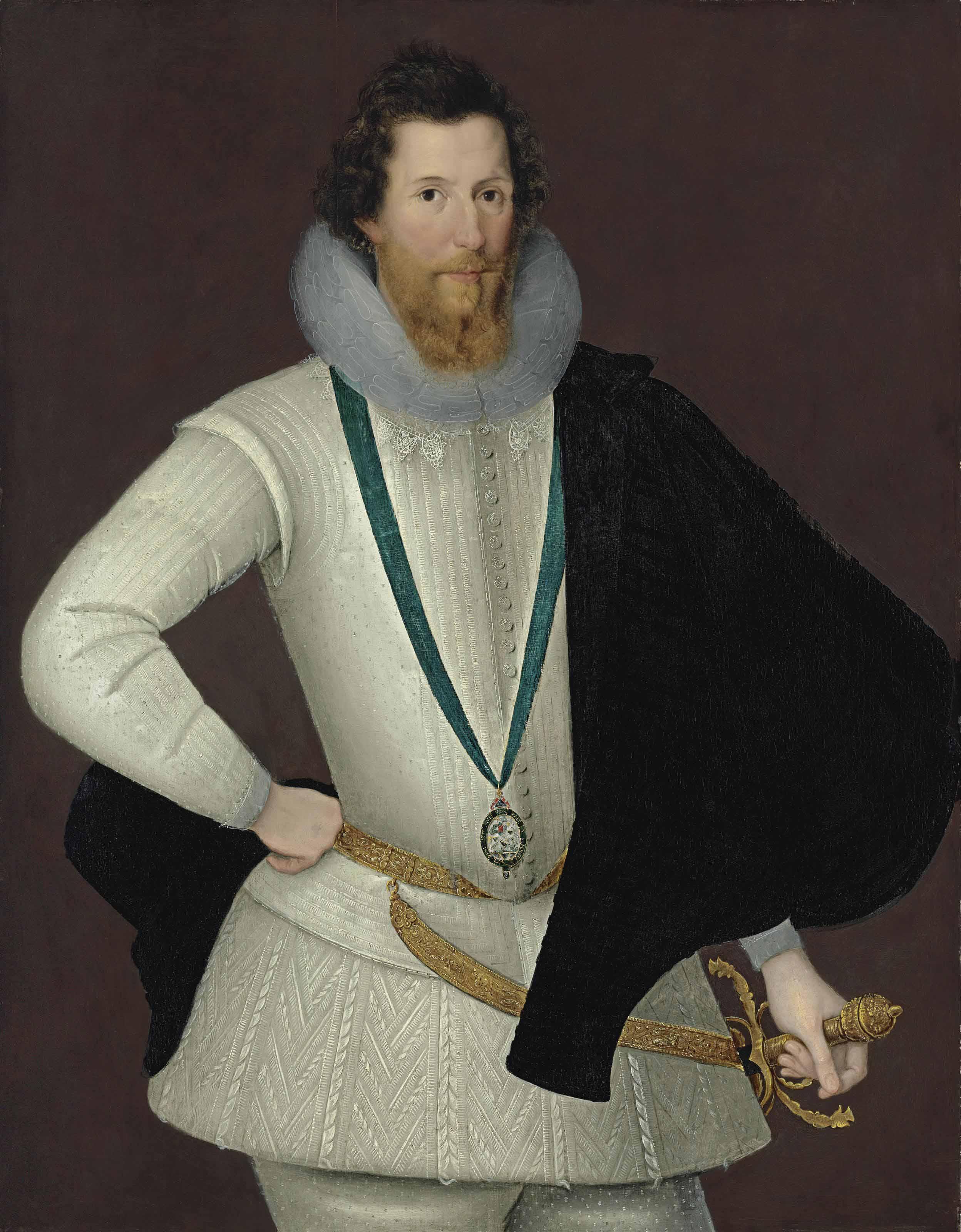 Marcus Gheeraerts Ii - Portrait of Robert Devereux, 2nd Earl of Essex (1565-1601), three-quarter-length, in a white doublet and hose with a black cape, wearing the Order of the Garter