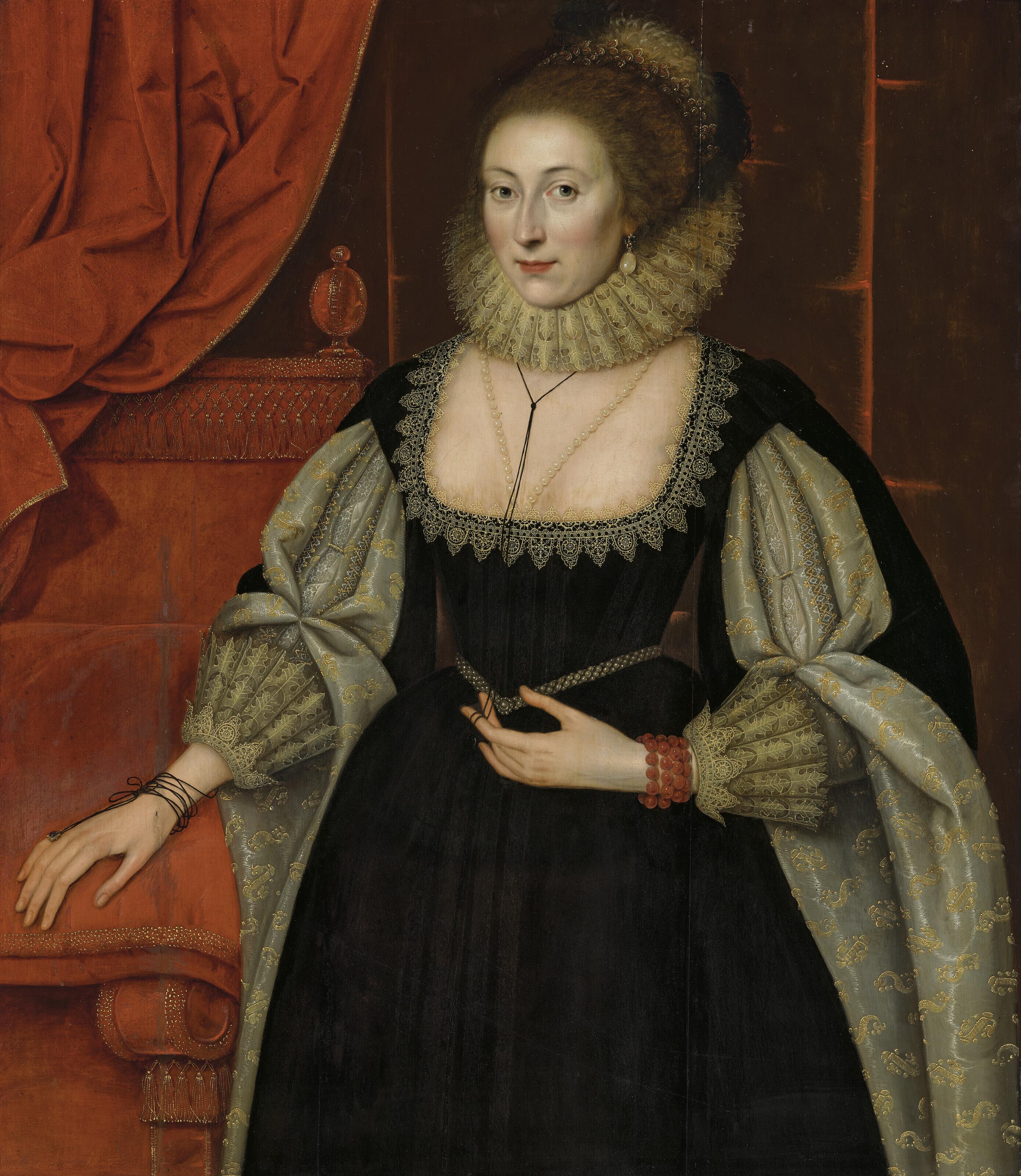 Marcus Gheeraerts The Younger - Portrait of a lady, three-quarter-length, in a black dress with slashed sleeves and a cartwheel ruff of pointed lace