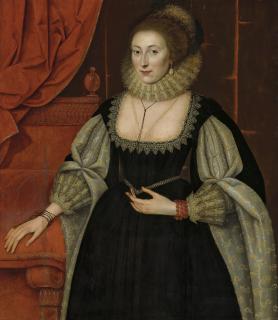 Marcus Gheeraerts The Younger - Portrait of a lady, three-quarter-length, in a black dress with slashed sleeves and a cartwheel ruff of pointed lace