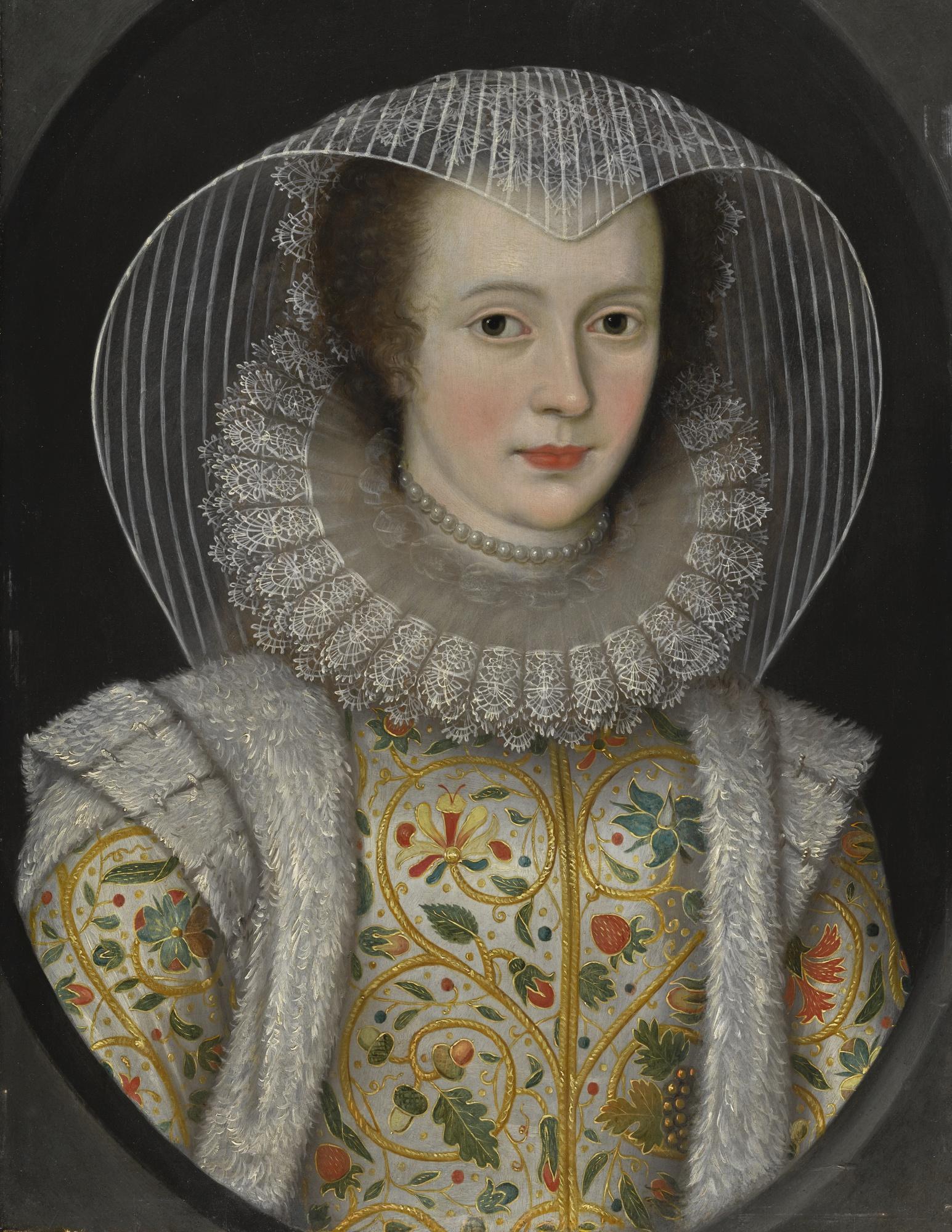 Marcus Gheeraerts the Younger - Portrait Of Frances, Lady Dering (1577–1657), Wearing A White Dress Richly Embroidered With Strawberries And Acorns