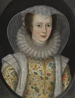 Marcus Gheeraerts the Younger - Portrait Of Frances, Lady Dering (1577–1657), Wearing A White Dress Richly Embroidered With Strawberries And Acorns