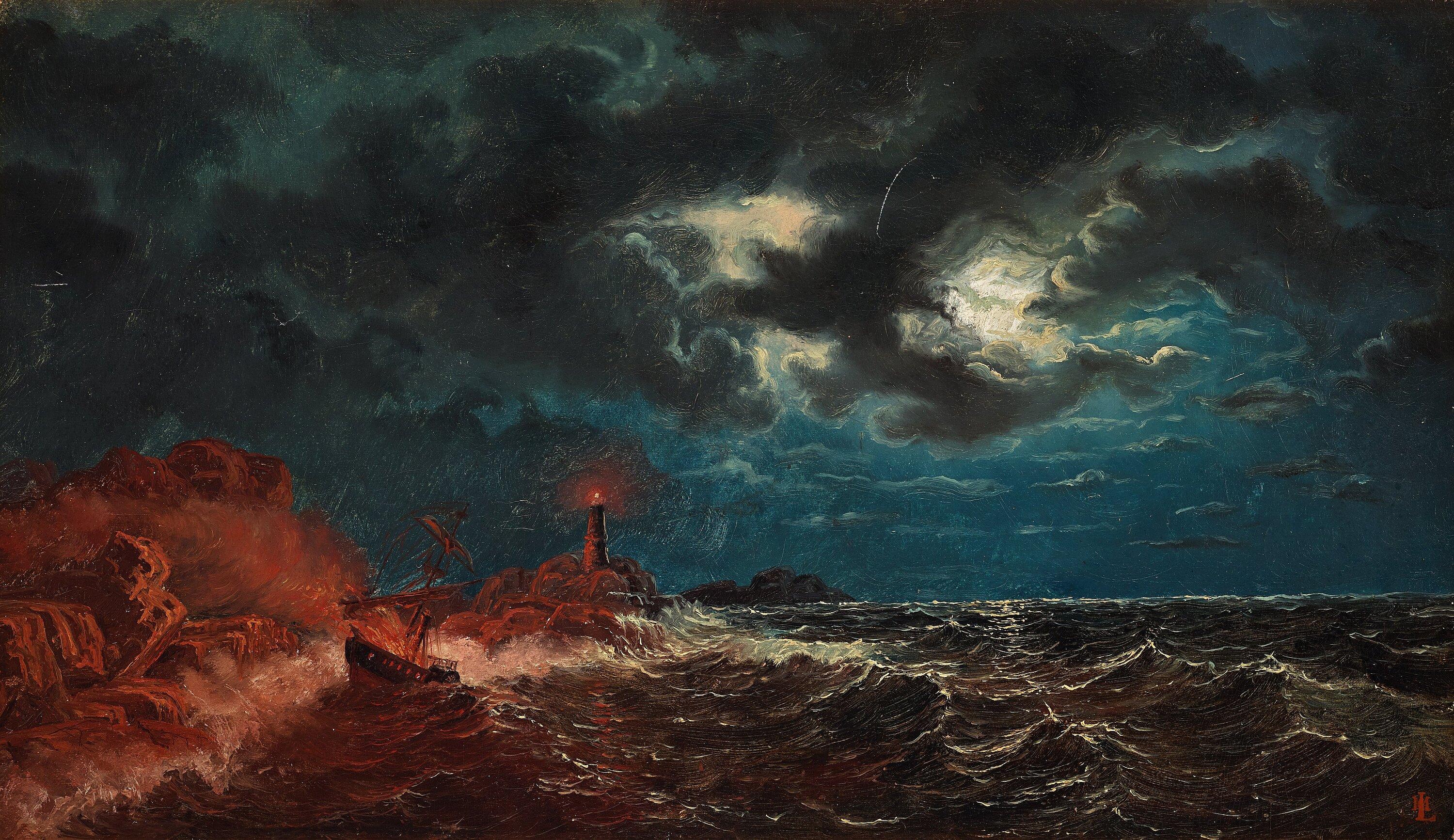 Marcus Larsson - A burning steamboat on stormy sea