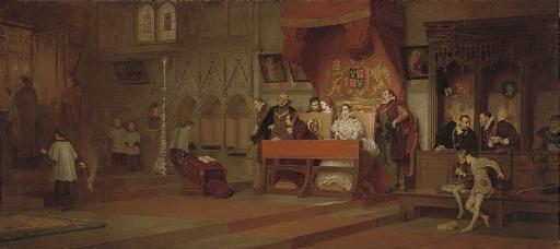 Marcus Stone, R.A. - Princess Elizabeth pursuaded to attend mass with her sister, Queen Mary