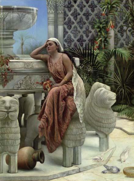 Margaret Murray Cookesley - A Restful Moment by the Lion Fountain at the Alhambra, Spain
