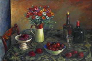 Margaret Olley - Zinnias and Plums, 1985