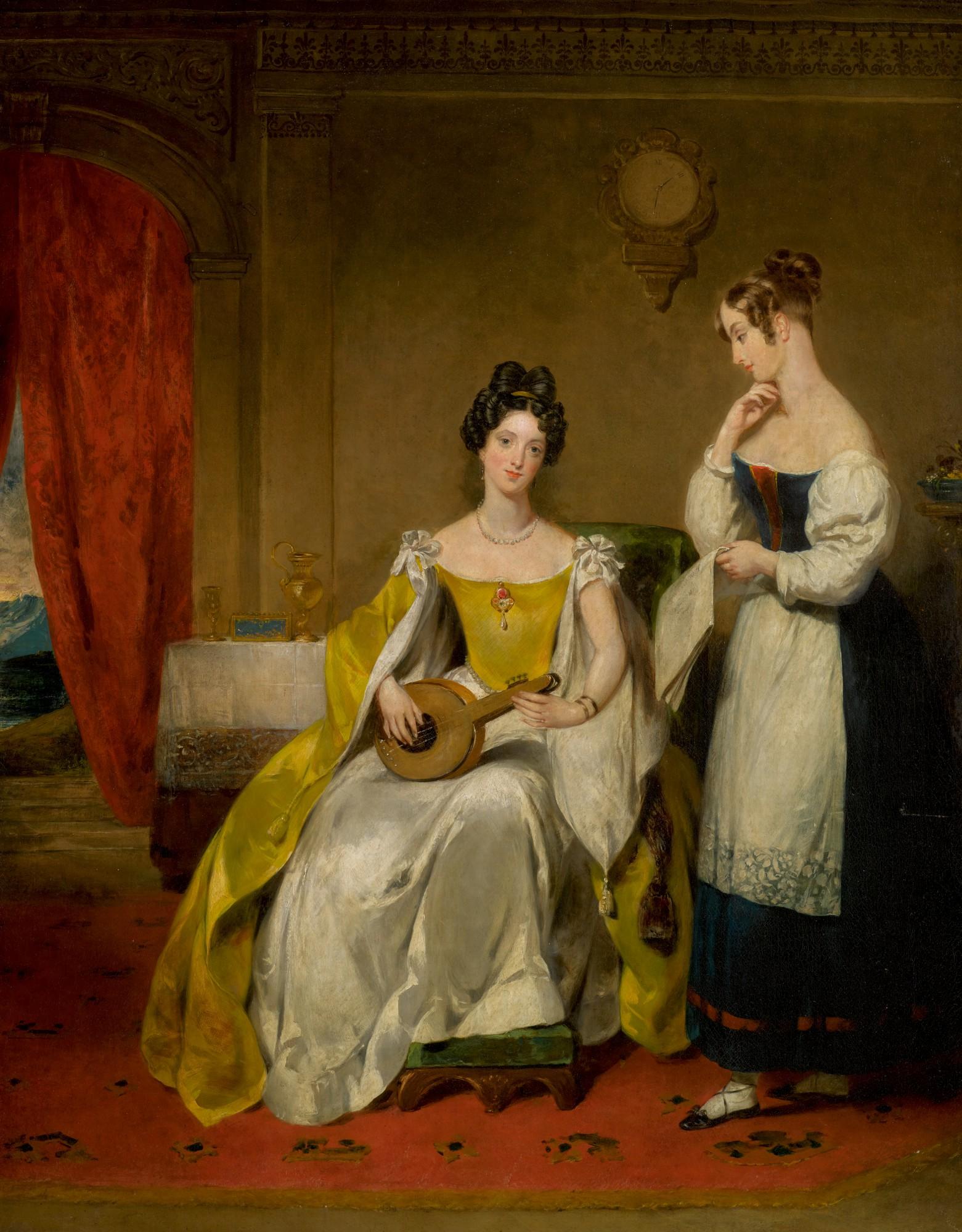 Margaret Sarah Carpenter - An Elegant Interior, With A Young Lady Holding A Small Guitar, Together With A Lady Holding A Sheet Of Music