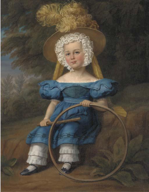 Margaret Sarah Carpenter - Portrait of a boy, seated full-length, in a blue dress and feathered hat, holding a hoop, in a landscape