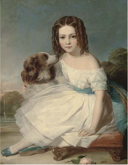 Margaret Sarah Carpenter - Portrait of A Girl, Seated Full-Length, In A White Dress, Stroking A Spaniel, A Fountain Beyond