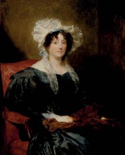 Margaret Sarah Carpenter - Portrait of a lady, three-quarter-length, seated in a black dress and white lace bonnet holding a shawl