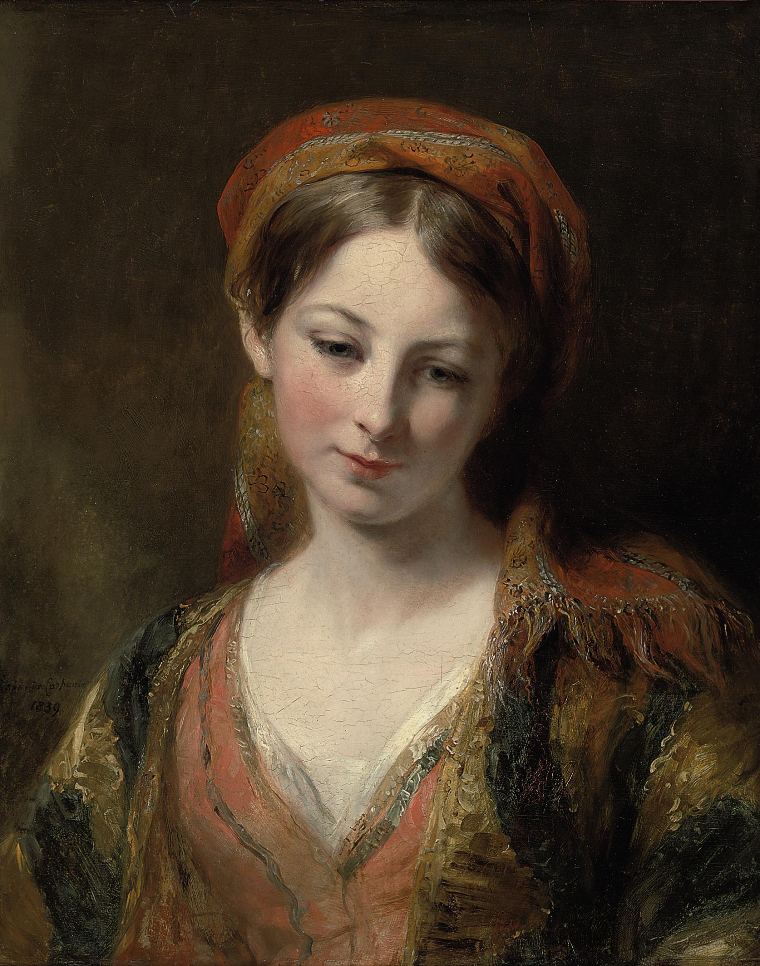 Margaret Sarah Carpenter - Portrait of a young girl, thought to be Henrietta Carpenter, bust length, in oriental dress