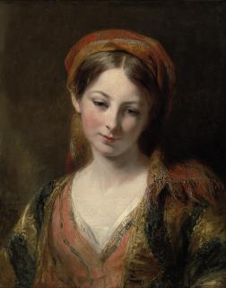 Margaret Sarah Carpenter - Portrait of a young girl, thought to be Henrietta Carpenter, bust length, in oriental dress