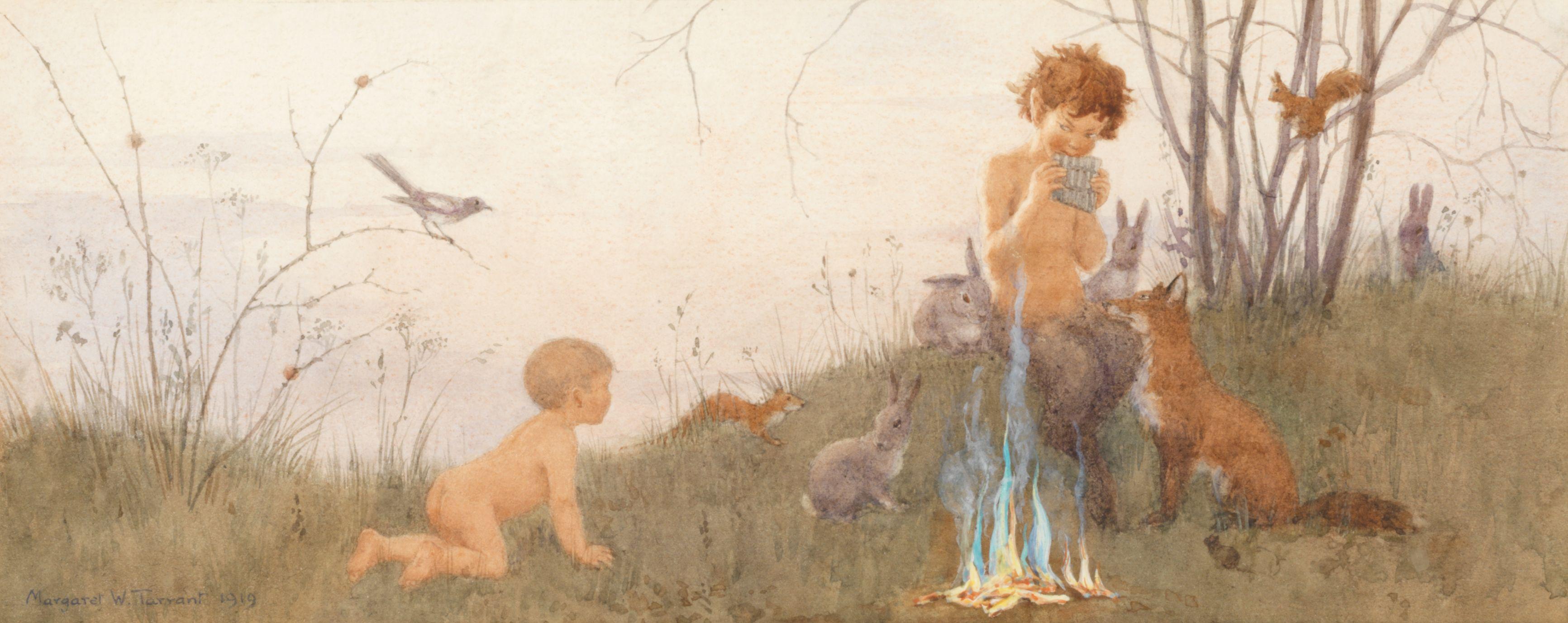 Margaret Tarrant - Pan playing to children and woodland creatures; a pair