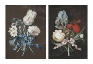 Margareta Barbara Dietzsch - A white peony, a blue iris and a red cockscomb with a butterfly, tied together with a pink ribbon; and A white tulip, a peony and daffodils with a ladybug, tied together with a blue ribbon