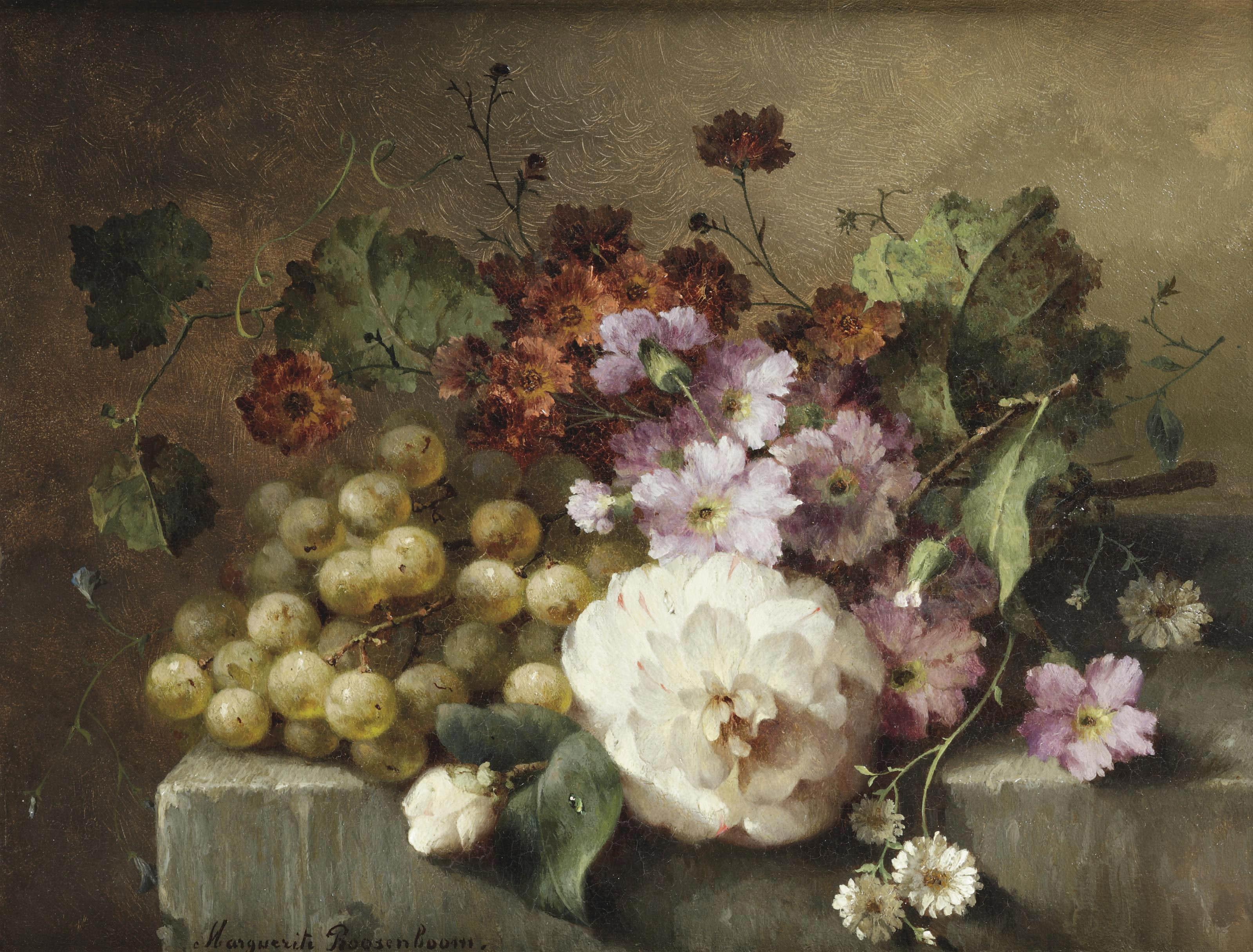 Margaretha Roosenboom - A camellia, carnations, grapes and other flowers on a marble ledge