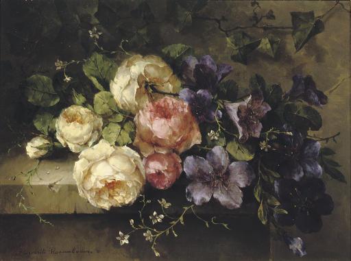 Margaretha Roosenboom - Bouquet de roses et de mauves sur une tablette: a mixed bouquet on a ledge