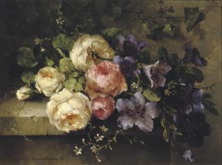 Margaretha Roosenboom - Bouquet de roses et de mauves sur une tablette: a mixed bouquet on a ledge