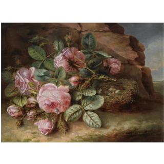 Margaretha Roosenboom - Dutch A Still Life With Roses Near A Bird\'S Nest