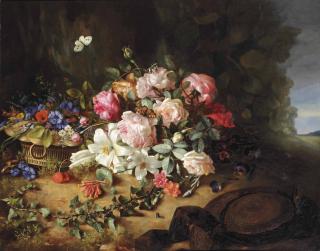 Margaretha Roosenboom - Gallica Roses, White Lilies, Carnations, Cornflowers, Hollyhocks, Honeysuckle, An Ivy Branch And Butterflies On A Forest Floor