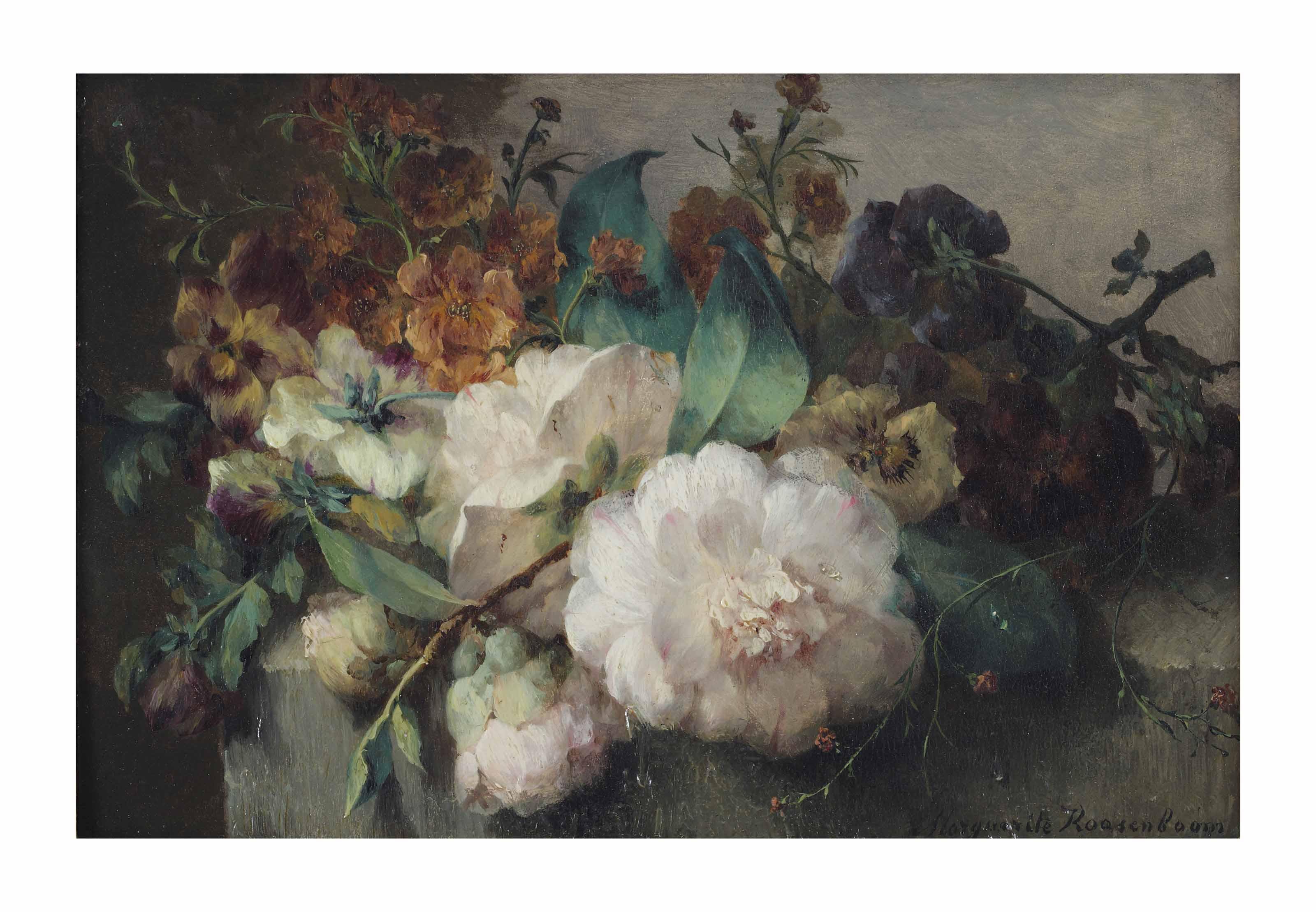 Margaretha Roosenboom - Peonies and violets on a stone ledge