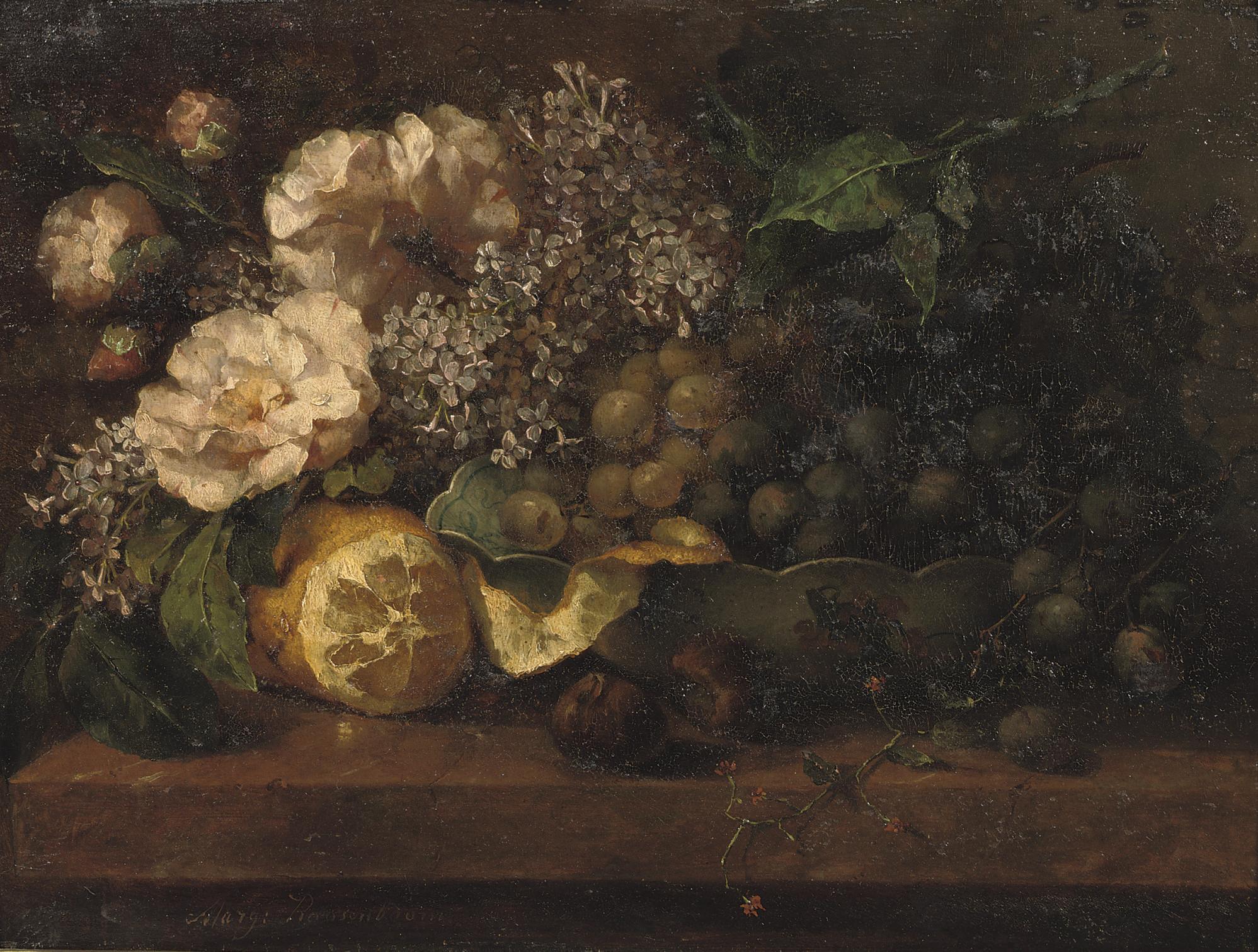 Margaretha Roosenboom - Pink Roses, Lilacs And Grapes On A Ledge