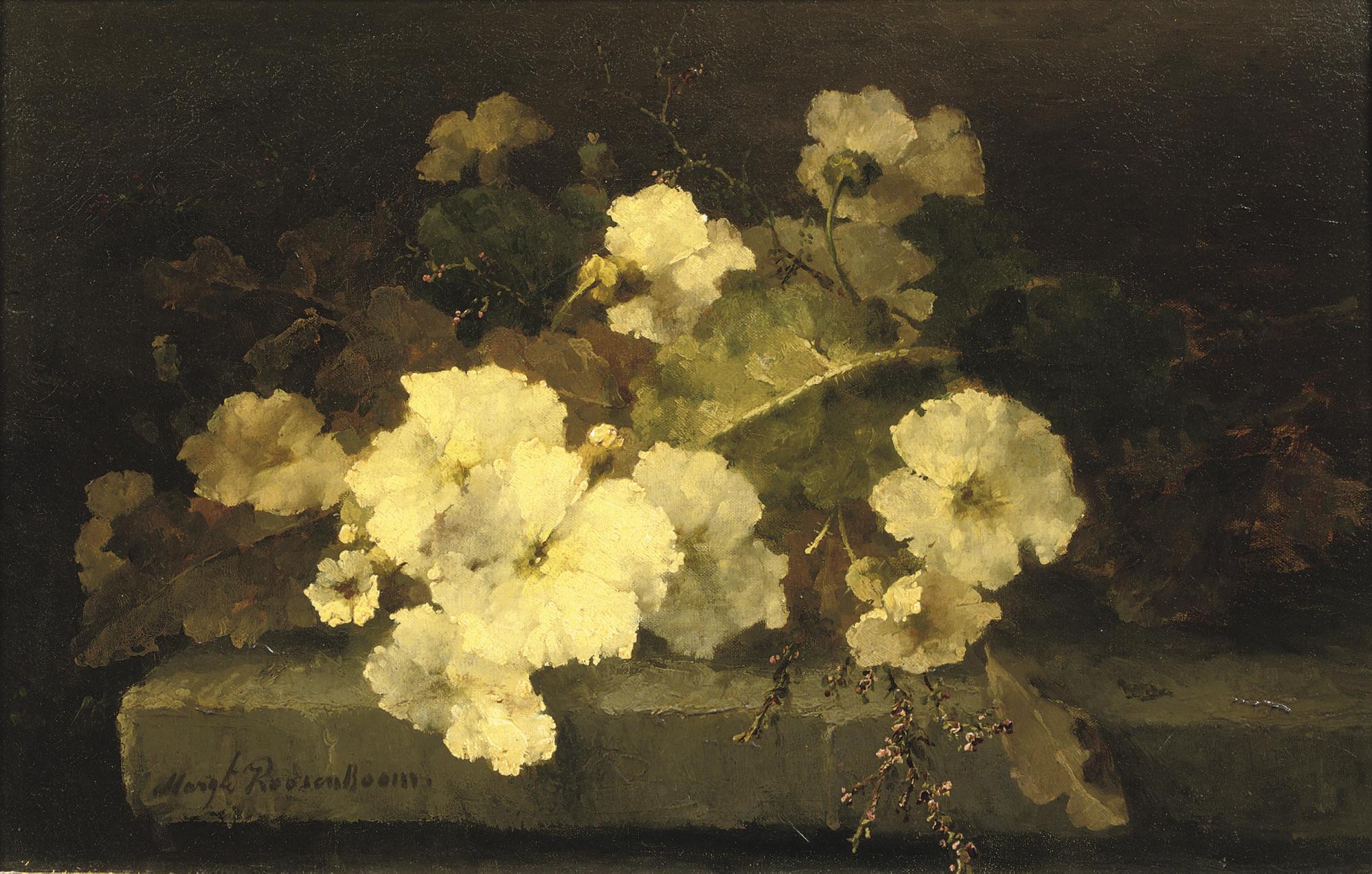 Margaretha Roosenboom - Still life with primroses on a stone ledge