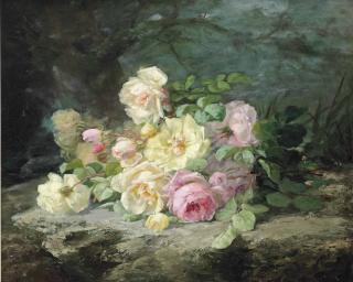 Margaretha Roosenboom - White and pink roses on a forest floor