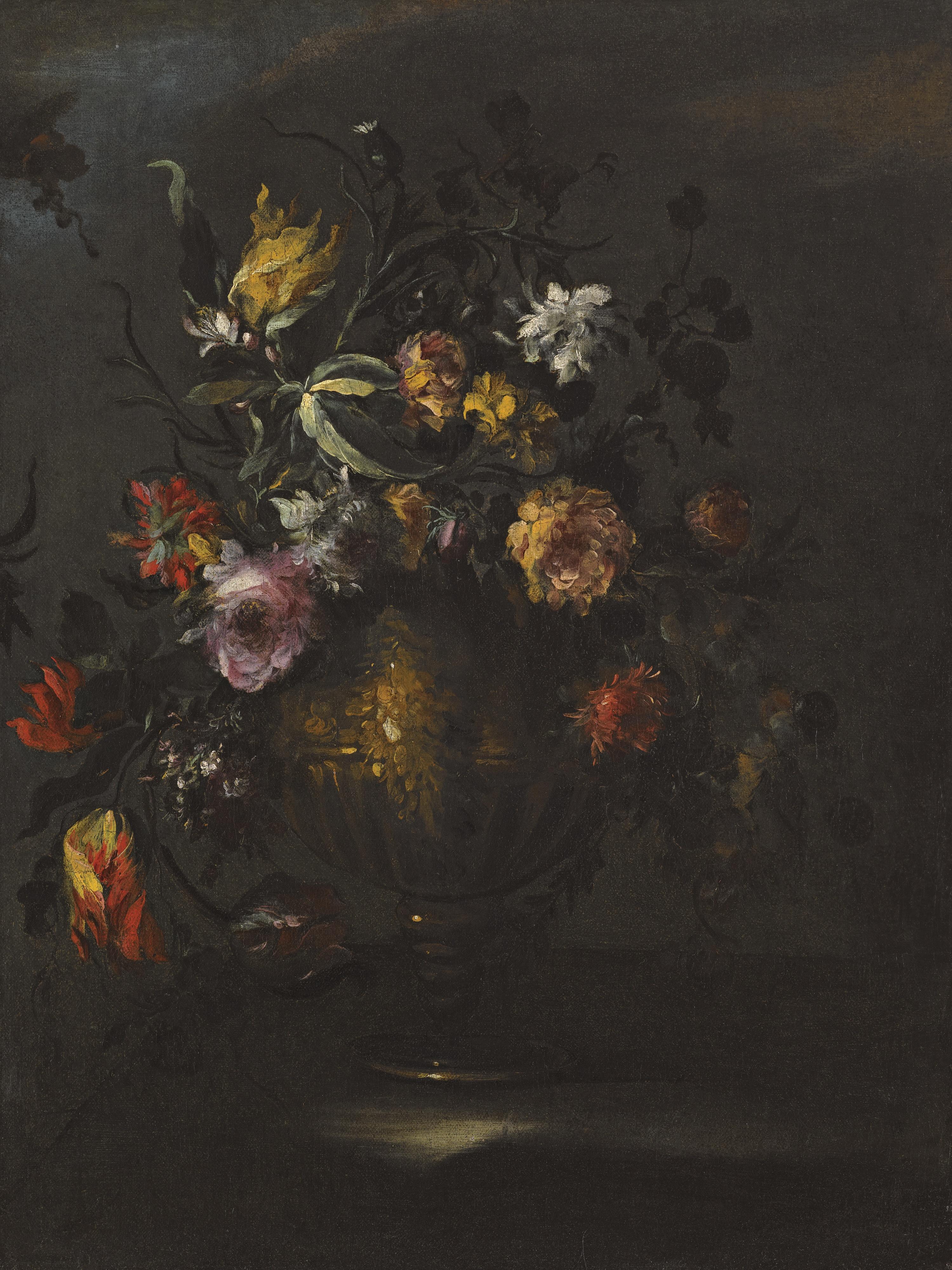 Margherita Caffi - A Still Life Of Roses, Tulips And Other Flowers In A Bronze Vase On A Stone Ledge