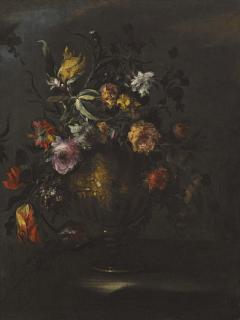Margherita Caffi - A Still Life Of Roses, Tulips And Other Flowers In A Bronze Vase On A Stone Ledge