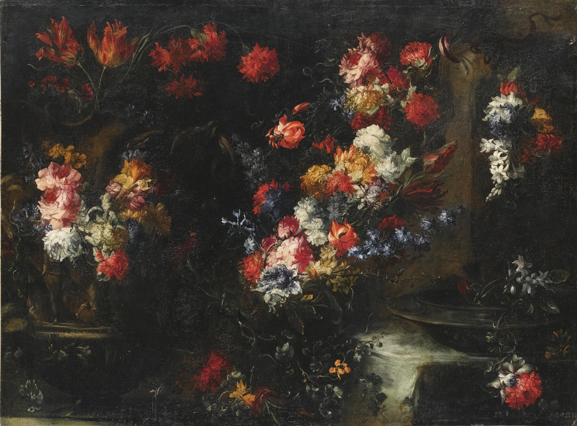 Margherita Caffi - An Ornate Still Life With Flowers In Vases On A Stone Ledge